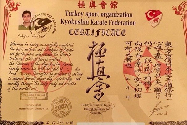 The awarded Kyokushin Karate 5th Dan certificate photographed in its frame